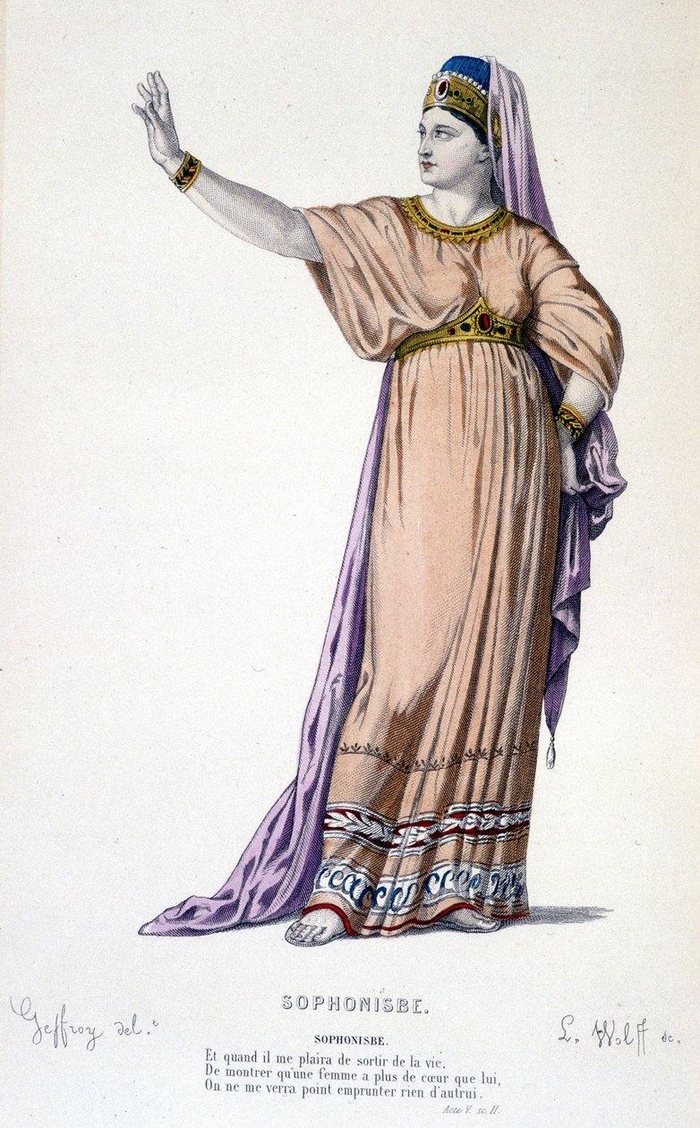 Le personnage de Sophonisbe dans la tragédie Sophonisbe - Théâtre complet : (Collection de pièces de Corneille) dessin de Geffroy, gravure de L. Wolff - éd. Laplace, Sanchez et Cie, Paris 1884 - Edmond Aime Florentin Geffroy