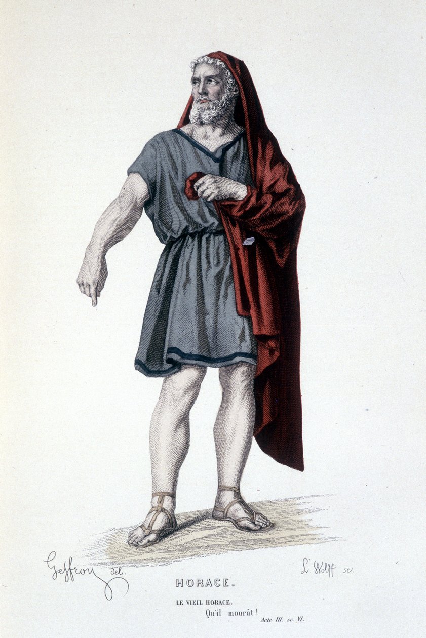 Le personnage du vieil Horace dans la tragédie Horace - Théâtre complet : (Collection de pièces de Corneille) dessin de Geffroy, gravure de L. Wolff - éd. Laplace, Sanchez et Cie, Paris 1884 - Edmond Aime Florentin Geffroy