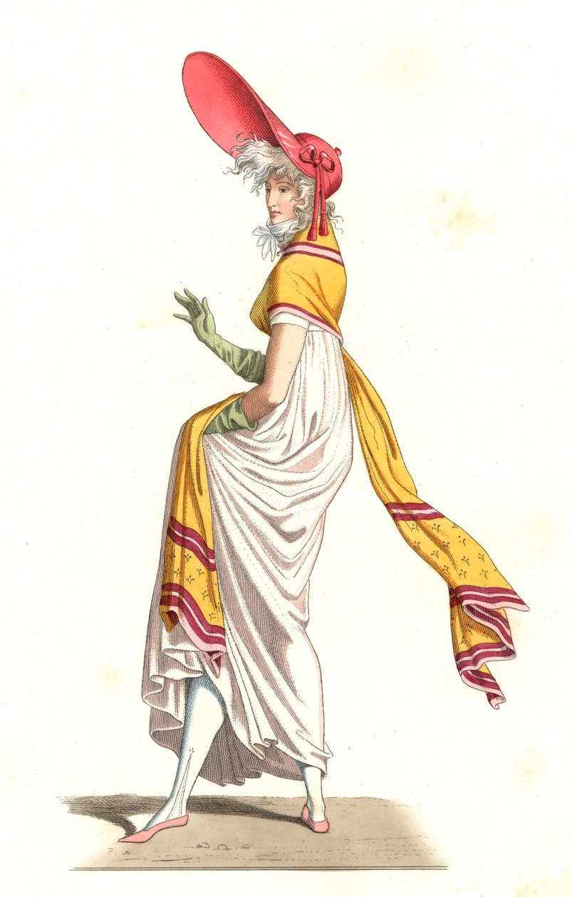 Jeune femme française habillée à la mode des Merveilleuses du XVIIIe siècle, d