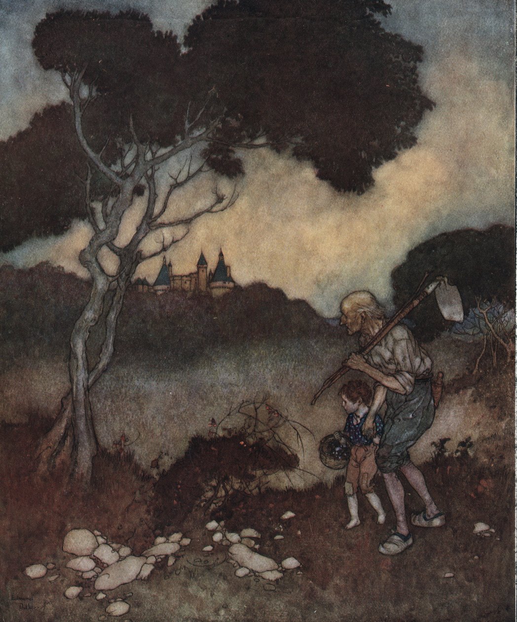 La belle au bois dormant : les tours du château de la princesse apparaissent au-dessus des arbres. - Edmund Dulac