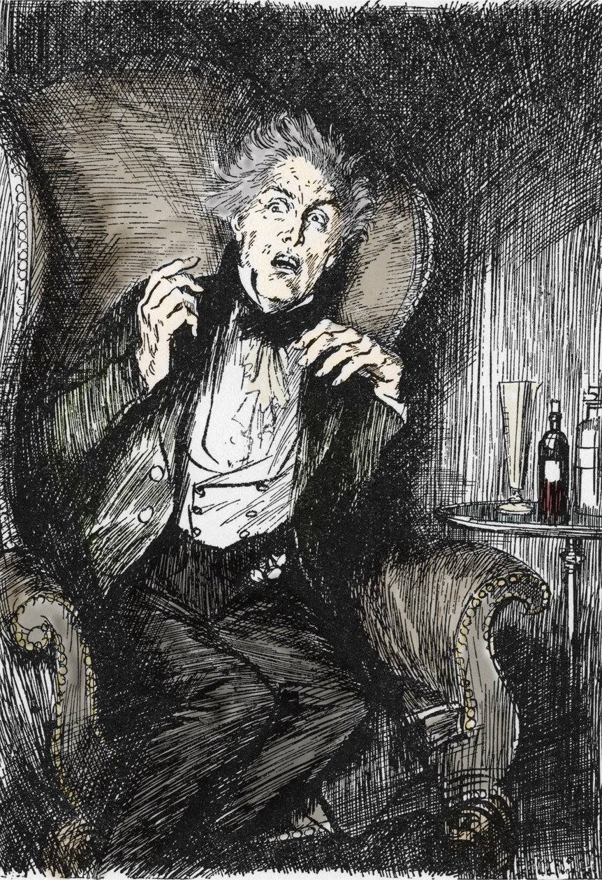 Dr Jekyll terrifié pendant sa conversation avec Utterson et Enfield, Illustration par Edmund Joseph Sullivan (1869-1933) pour le roman « L