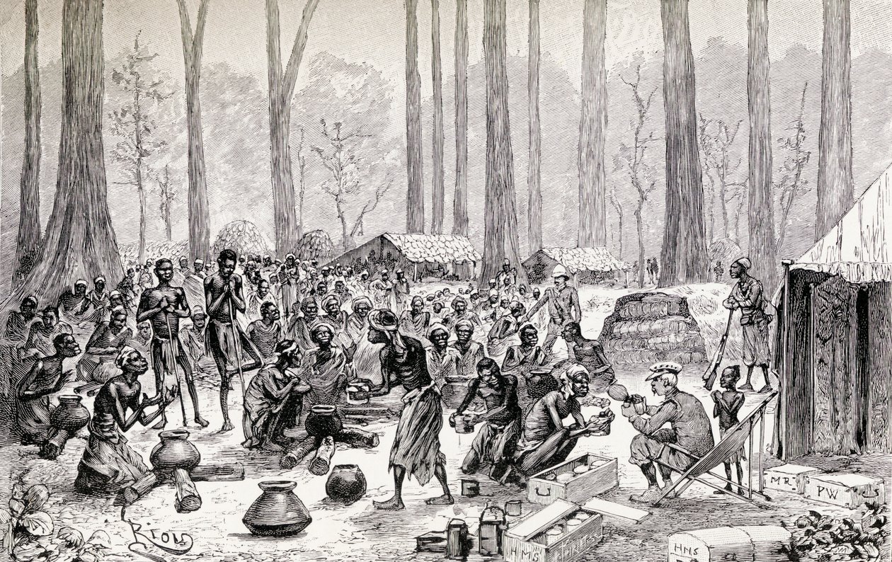 Éclaireurs servant du lait et du beurre pour le bouillon aux indigènes pygmées affamés, 1890 (gravure sur bois) - Edouard Riou