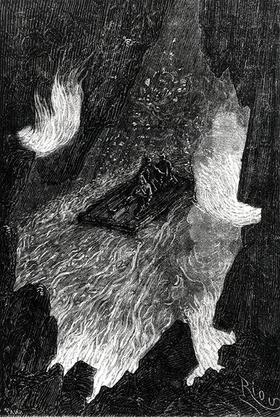 Le radeau ondulé sur des vagues de lave, illustration de 