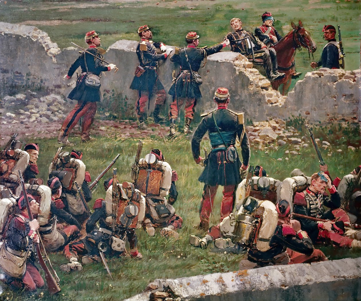 Soir de la bataille de Rezonville Gravelotte. Grenadiers de la Garde Impériale au repos, 16 août - Jean Baptiste Edouard Detaille