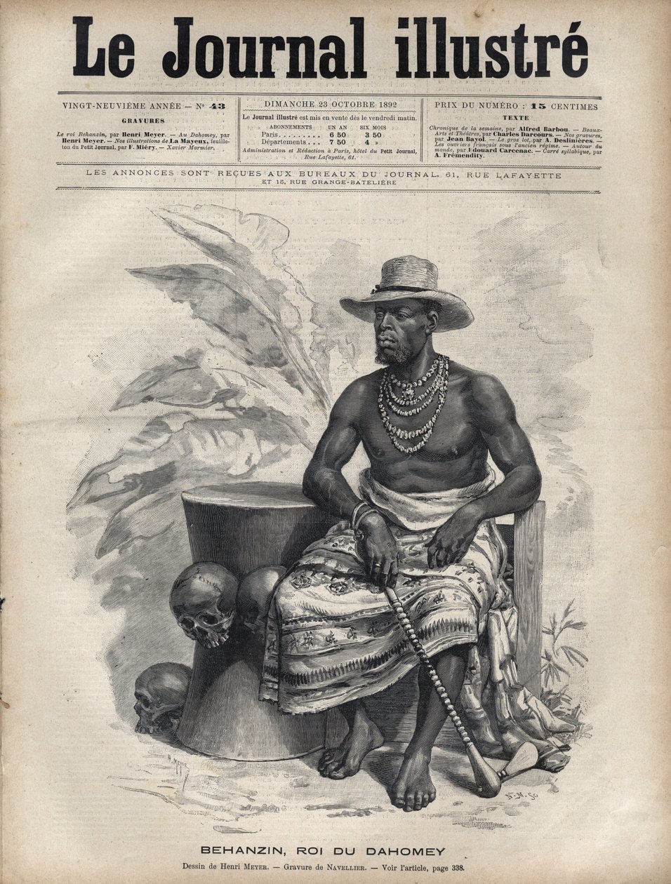 Portrait de Béhanzin (1844-1900), roi du Dahomey (Bénin) - Gravure de Navellier dans « Le Journal Illustré » de 1892 - Edouard Felicien Eugene Navellier