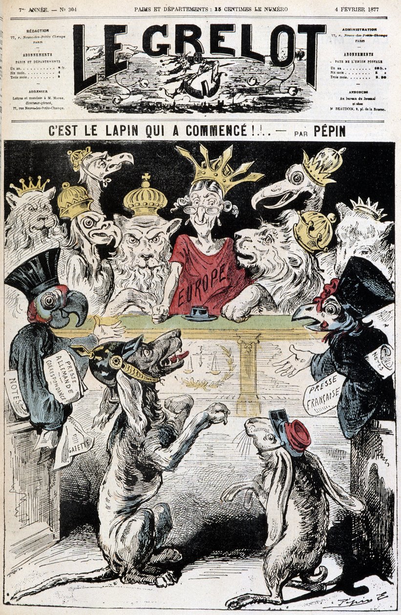 Le lapin démasqué ! - Caricature sur le conflit franco-allemand, un chien portant un casque prussien dénonce un lapin portant un képi de l