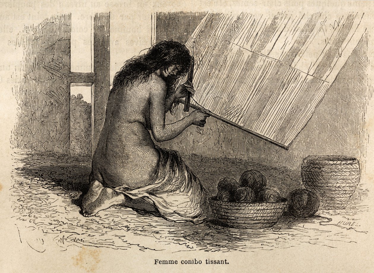 Un Indien Conibo du Pérou tissant, dessin de Riou pour illustrer le voyage, de 1848 à 1860, de P. Marcoy, de l