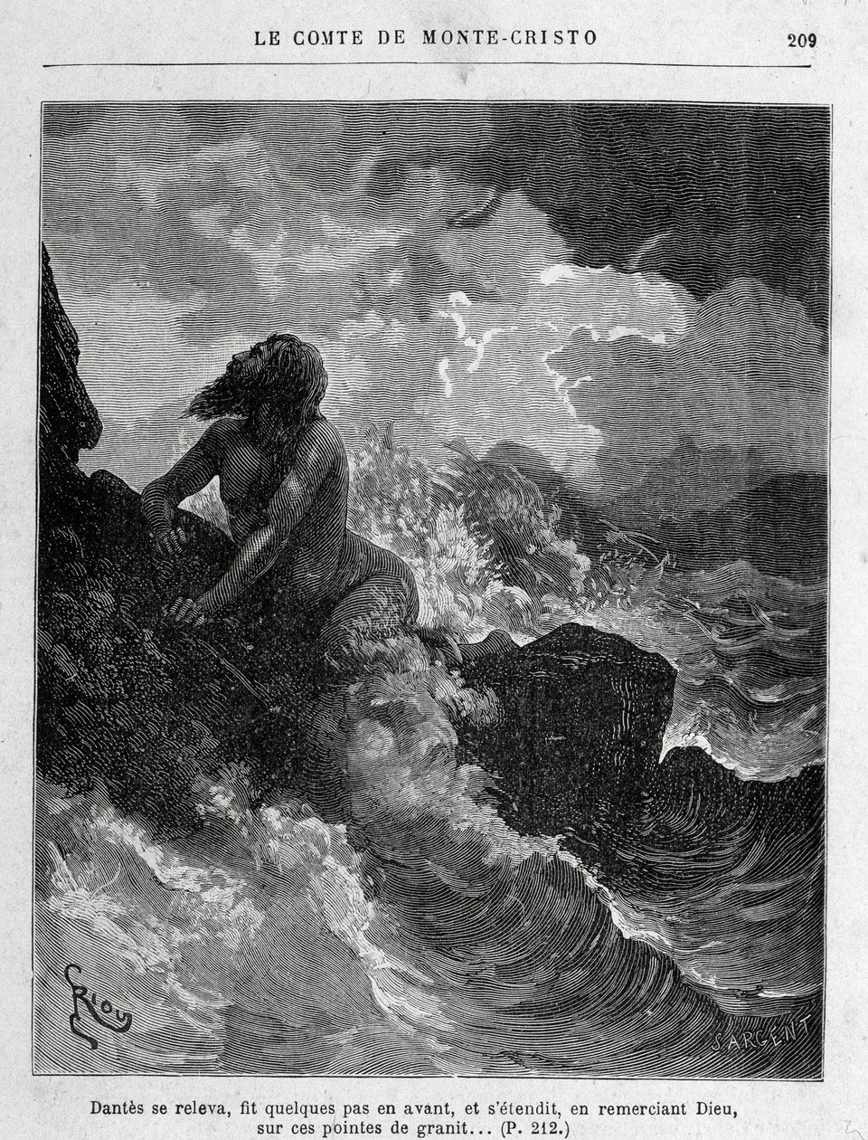 Dantès évadé à la nage - Gravure par Riou, dans «Le Comte de Monte-Cristo» par A. Dumas, éd. Jules Rouff & Cie - Edouard Riou