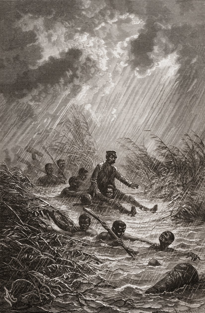 Dr. David Livingstone porté à travers un marais par des porteurs lors de son expédition en Afrique en 1872, illustration de "Le Monde entre les Mains", gravée par Charles Laplante - Edouard Riou