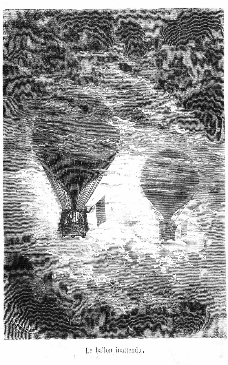 Dessin du livre de Jules Verne « Cinq semaines en ballon » collection Hetzel/Voyages extraordinaires. Le ballon Victoria rencontre un autre ballon dans les nuages. - Edouard Riou