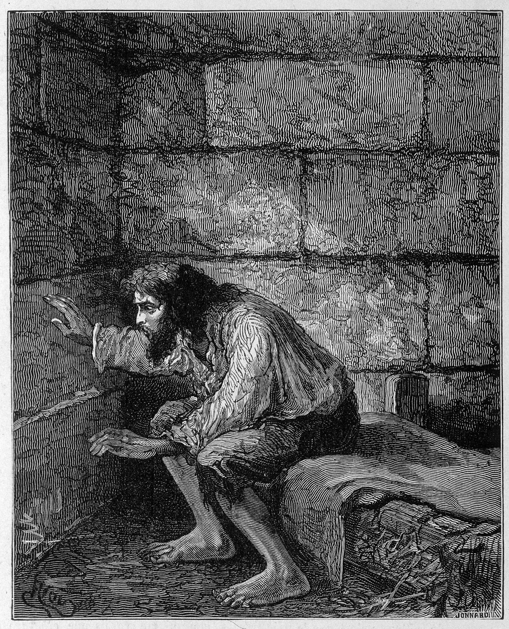 Edmond Dantès, le Comte de Monte-Cristo dans sa prison - Gravure de Riou, dans « Le Comte de Monte-Cristo » par Alexandre Dumas, Rouff & Cie - Edouard Riou