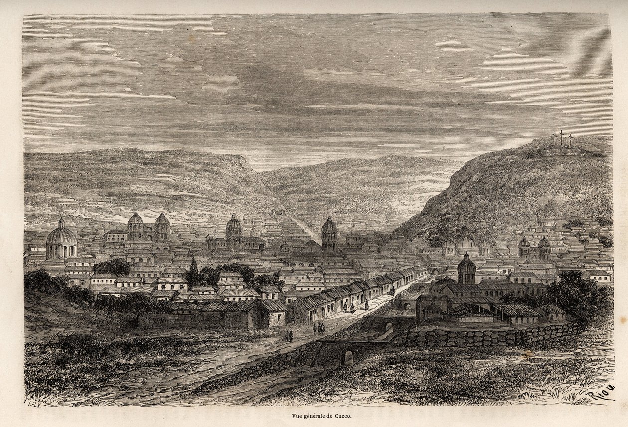 Vue générale de Cusco, ancienne capitale des Incas, dessin de Riou, pour illustrer le voyage de Paul Marcoy à travers l