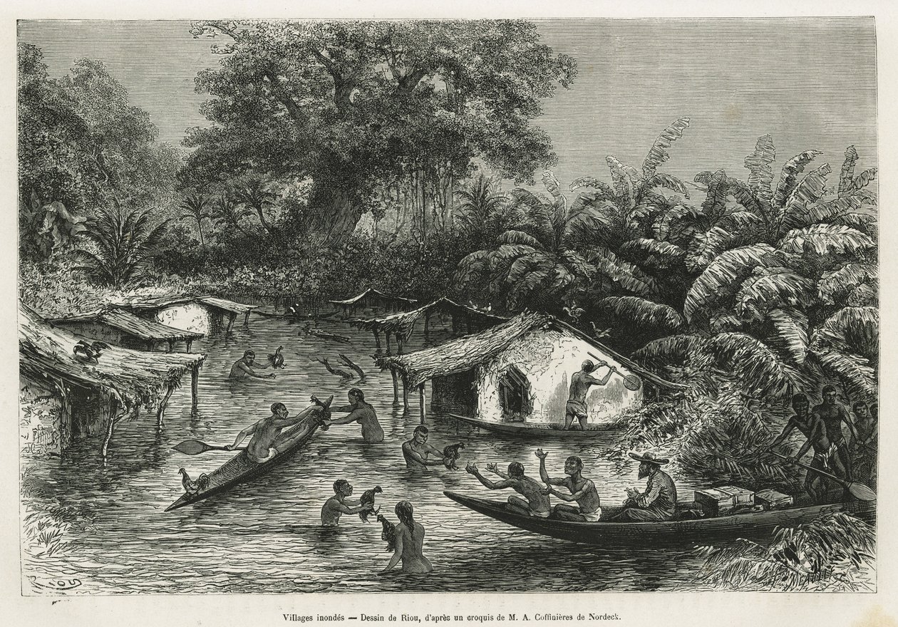 Villages inondés (illustration du voyage au Gabon et sur le fleuve Ogooué, 1875-1877, par Alfred Marche) - Edouard Riou