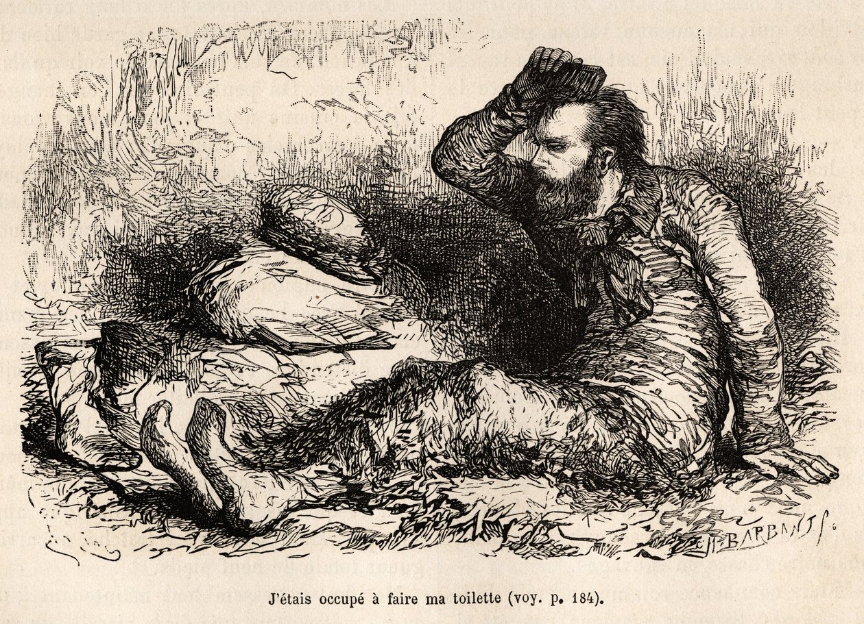 Lieutenant Tyson occupé à sa toilette matinale, peigne avant de mettre ses bottes (illustration de l