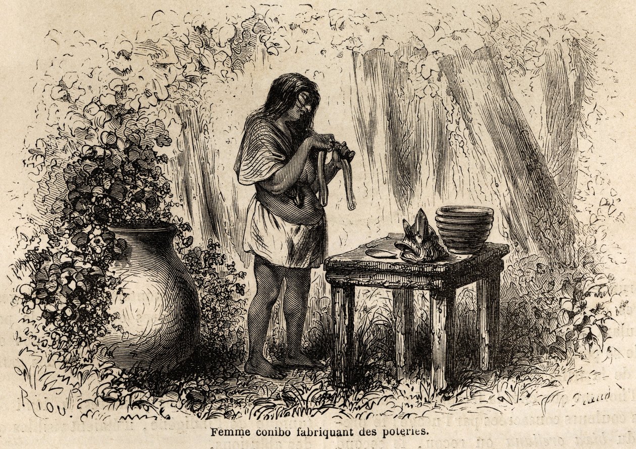 Fabrication de poterie par un Indien Conibo du Pérou, dessin de Riou pour illustrer le voyage de P. Marcoy de 1848 à 1860, de l