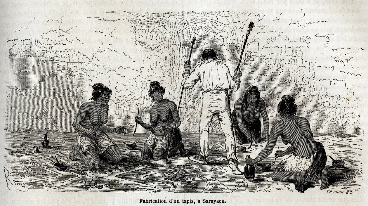 Paul Marcoy apprit à faire un tapis avec les veuves de Sarayacu (Pérou), dessin de Riou, pour illustrer le voyage de Paul Marcoy de l