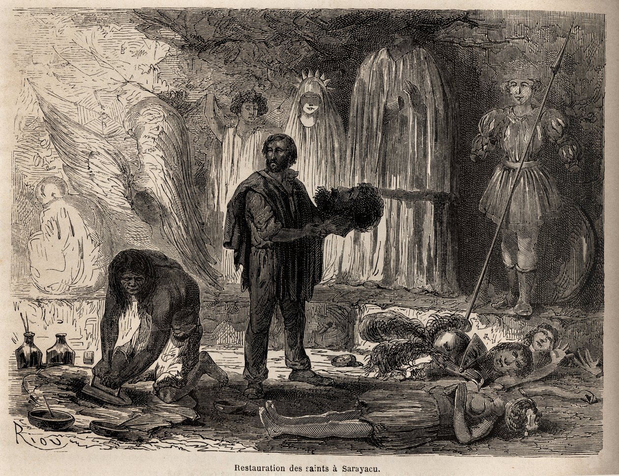 Restauration des statues de saints à Sarayacu (Pérou), dessin de Riou, pour illustrer le voyage de Paul Marcoy de l