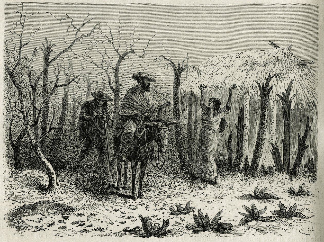 Les nuages de sauterelles de la vallée du Haut Patia, avec sur sa mule le narrateur du voyage (illustration de l