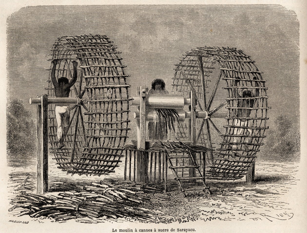 Le moulin à broyer la canne à sucre de Sarayacu (Pérou), dessin de Riou, pour illustrer le voyage de Paul Marcoy de l