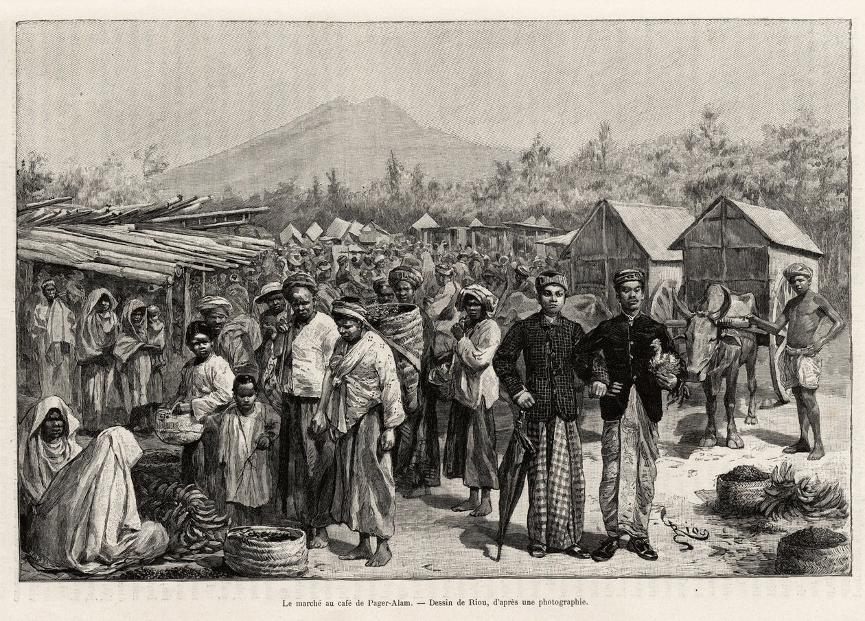 La promenade au Café Pager Alam (Malaisie). Gravure par Riou pour illustrer l