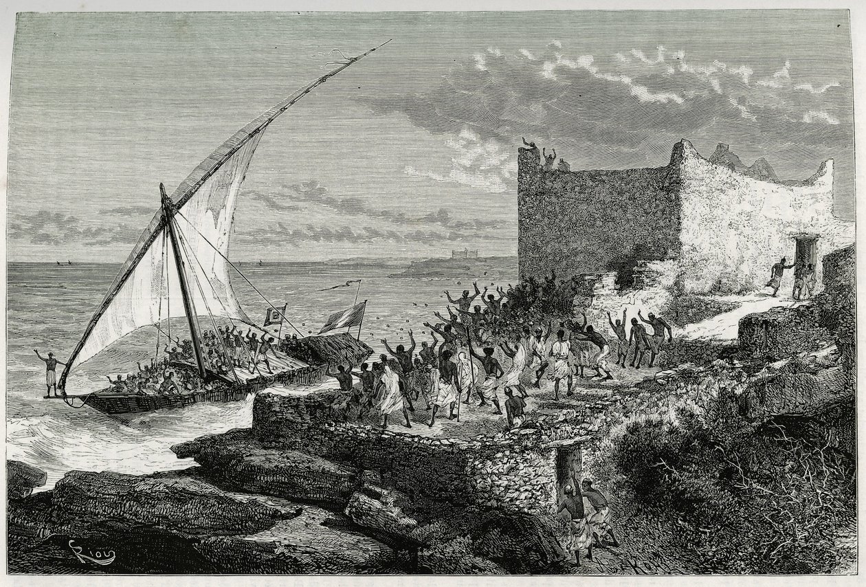 Avec le fumier des voyageurs entrant dans le port de Moguedouchou (Mogadiscio), les marins font un énorme vacarme pour attirer les gens qui les accueillent avec des cris d