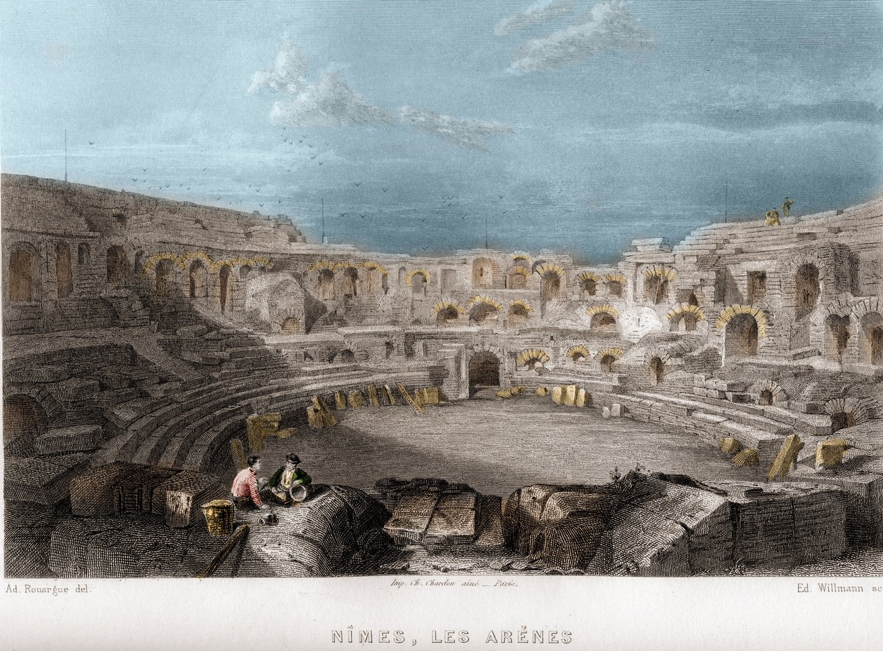 Les arènes de Nîmes, Gard, Languedoc-Roussillon, France. Gravure par Willmann dans « La France ancienne et moderne » de Jean-Bernard Mary-Lafon - Edouard Willmann