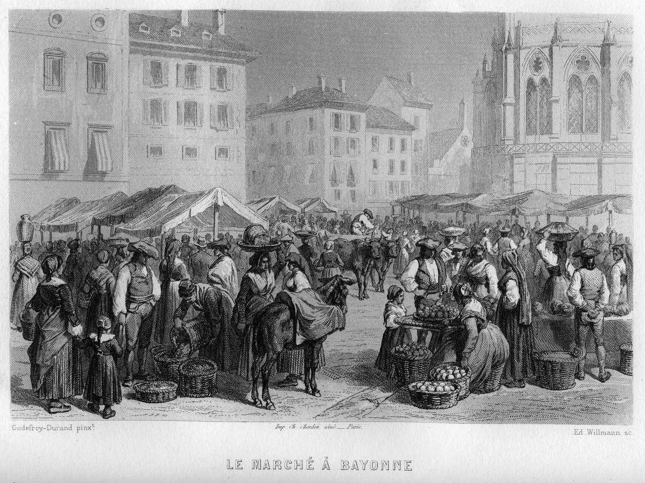 Marché à Bayonne, Pyrénées-Atlantiques, Aquitaine, France. Gravure par Willmann dans « La France ancienne et moderne » de Jean-Bernard Mary-Lafon - Edouard Willmann