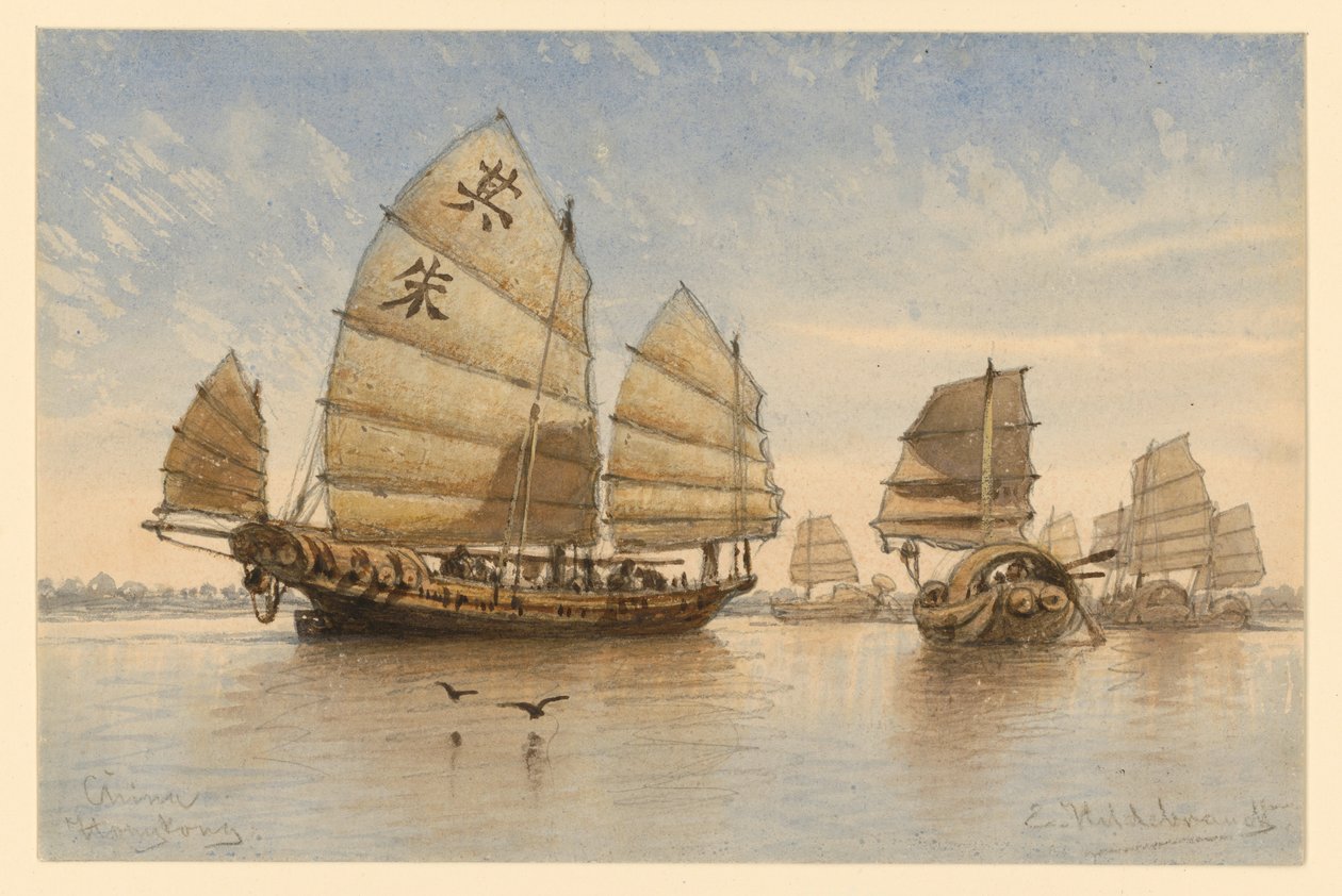 Des jonques au large de Hong Kong - Eduard Hildebrandt