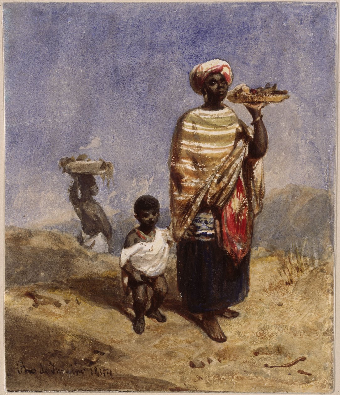 Une Afro-brésilienne tenant un petit garçon par la main droite, tandis que de la main gauche elle porte un plateau de fruits - Eduard Hildebrandt