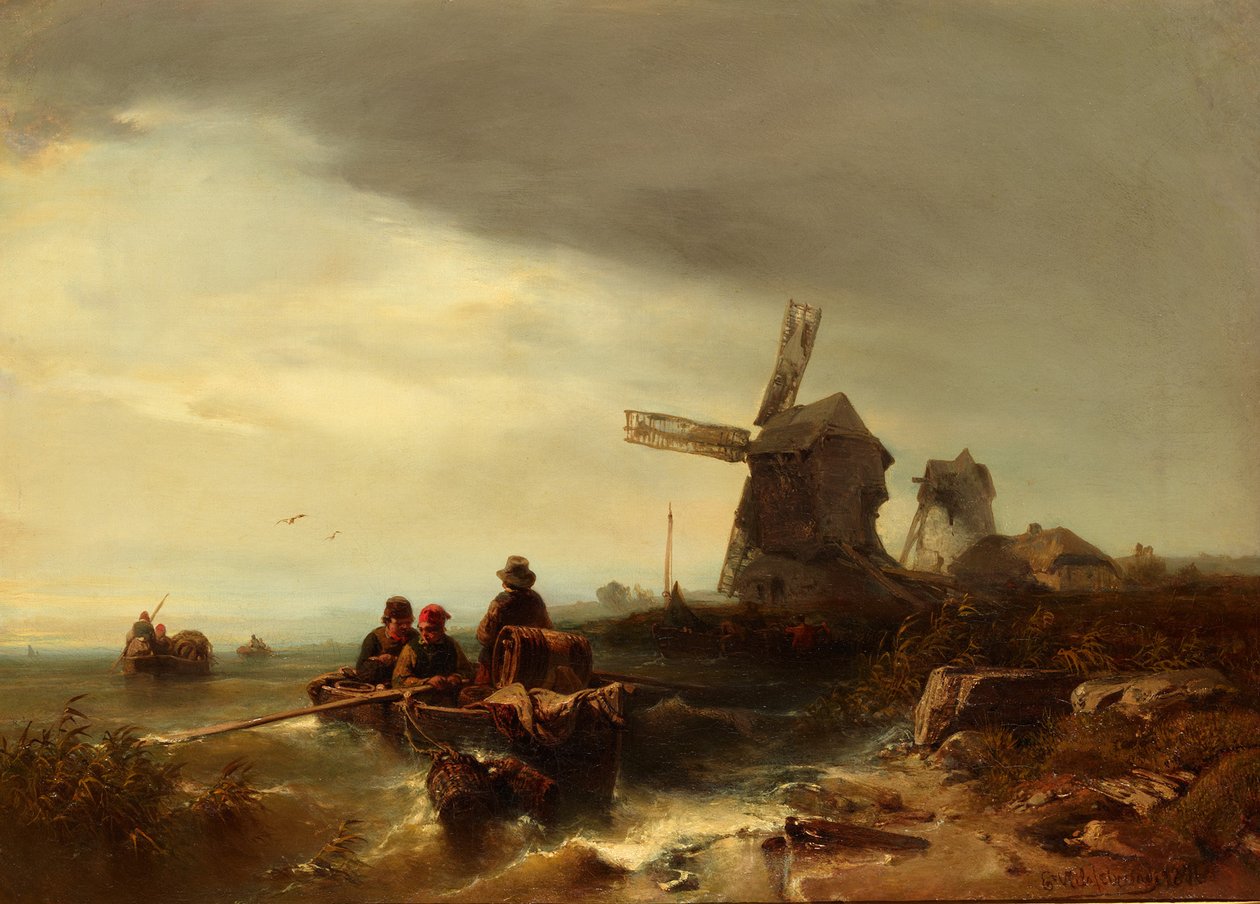 Côte de Normandie avec moulins à vent et barques de pêche - Eduard Hildebrandt