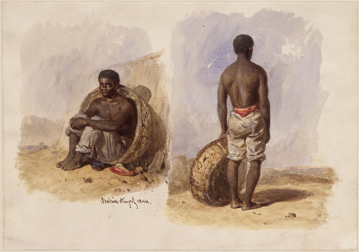 Deux études représentant un Afro-brésilien ; à gauche, assis dans un panier appuyé contre le mur ; à droite, debout, vu de dos - Eduard Hildebrandt
