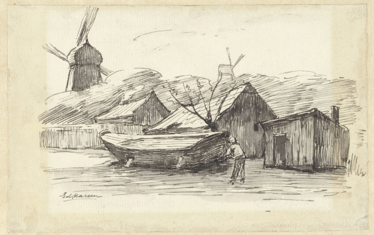 Bateau, maisons et un moulin à vent - Eduard Karsen