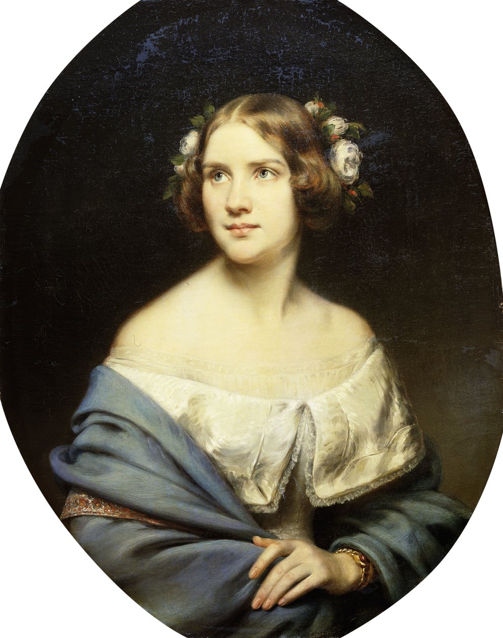 Portrait de Jenny Lind, debout à mi-longueur dans une robe blanche et un châle bleu clair - Eduard Magnus