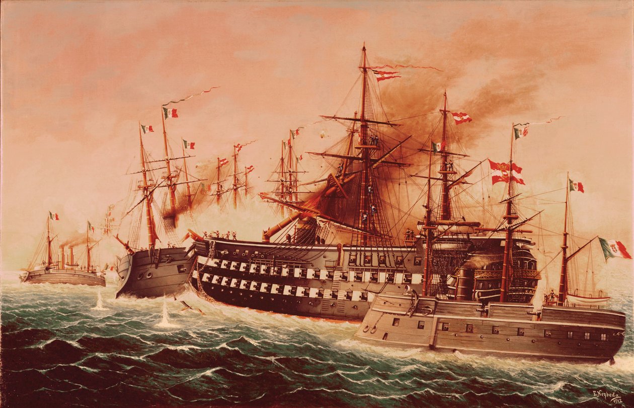 La bataille navale de Lissa ... (peinture sur toile) - Eduard Nezbeda