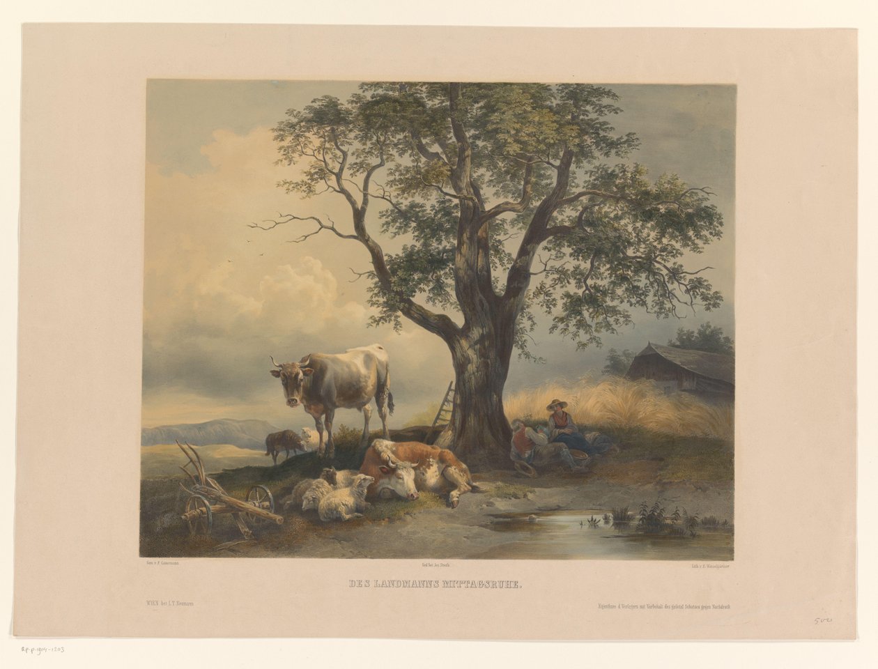 Figures avec bétail se reposant dans un paysage, Le repos de midi du paysan - Eduard Weixlgärtner