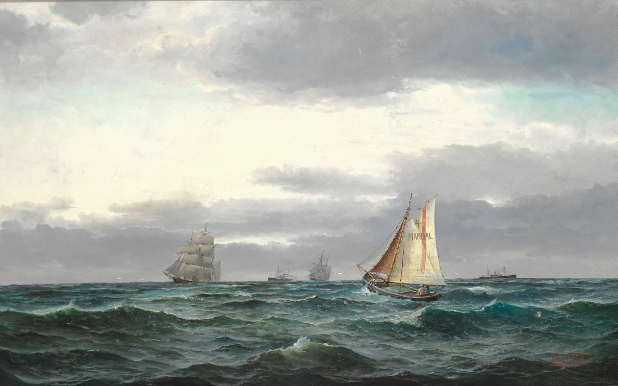 Marine avec plusieurs navires, nuages gris pluvieux et un peu de ciel bleu - Edvard Skari