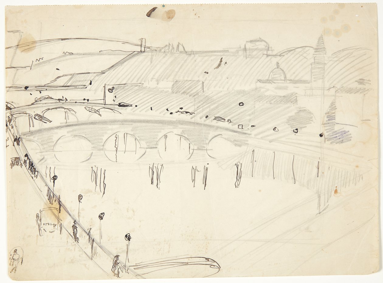 Vue depuis une fenêtre sur Lungarno vers la rivière et les hauteurs de Santo Spirito et San Miniato, Florence - Edvard Weie