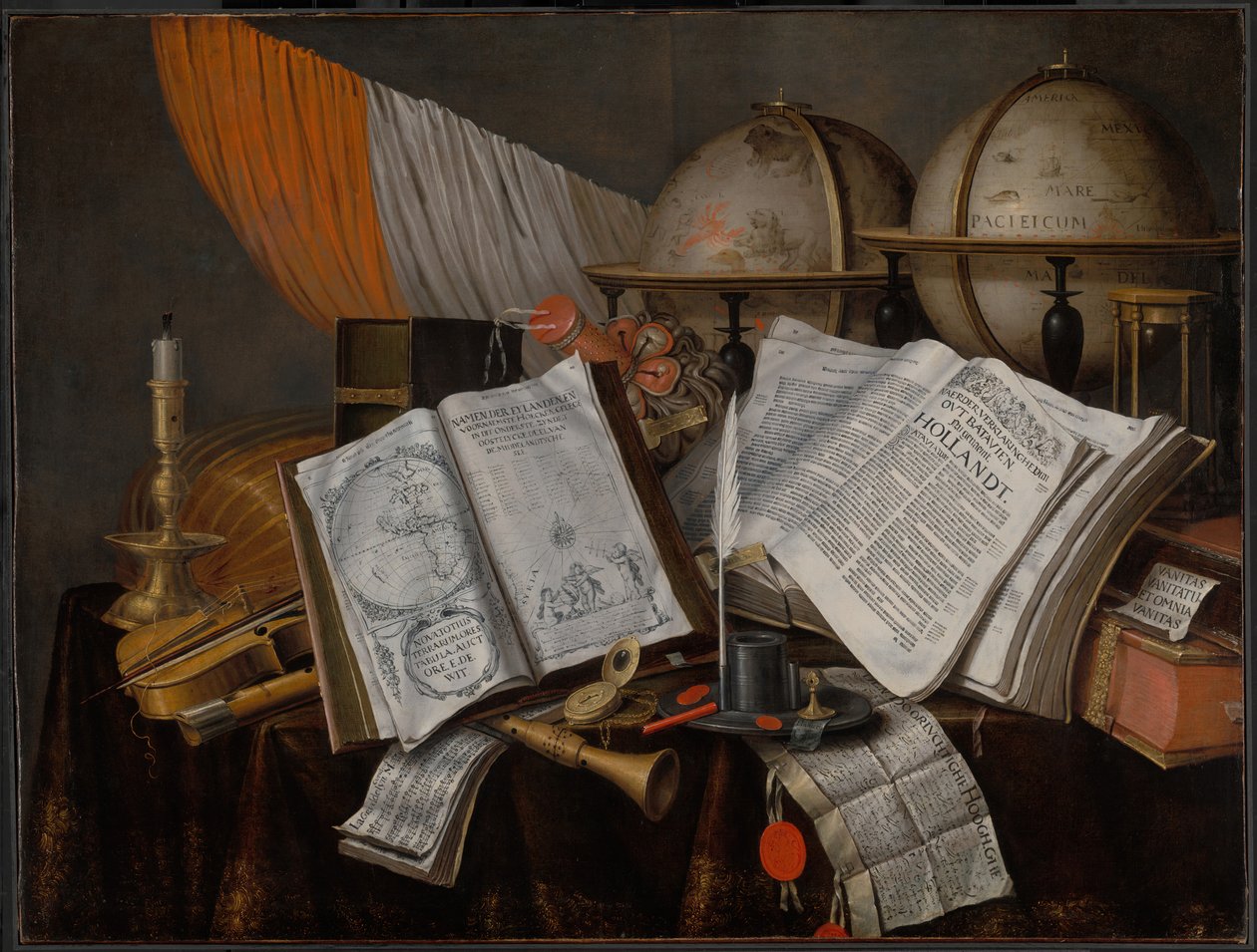 Nature Morte de Vanité avec un Drapeau, un Chandelier, des Instruments de Musique, des Livres, des Accessoires d