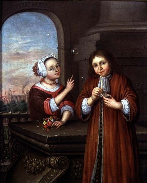 Fille pointant un garçon soufflant des bulles dans un cadre architectural - Edwaert Colyer or Collier