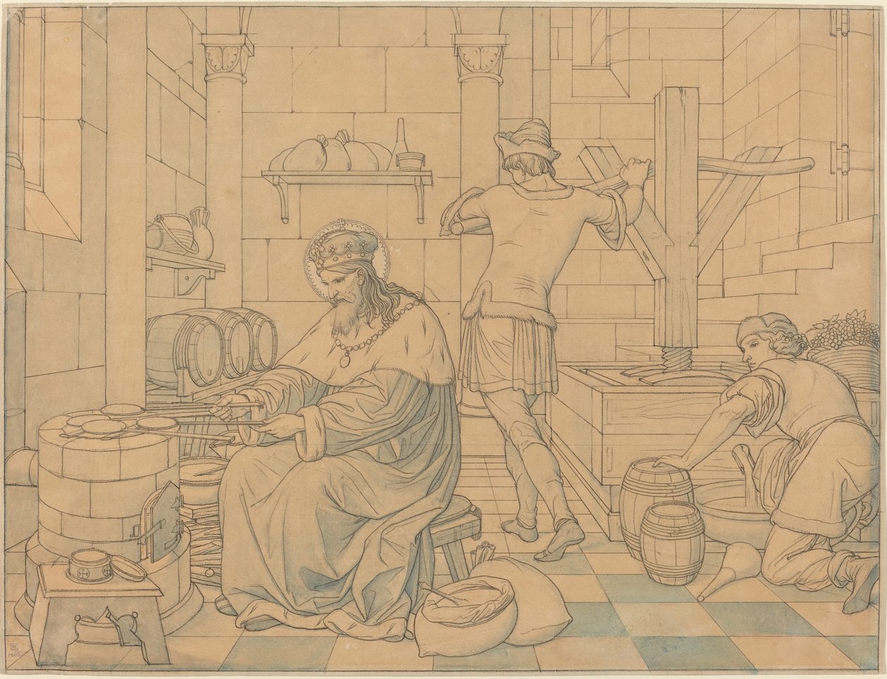 Saint Wenzel cuisinant des hosties tandis que deux jeunes pressent du vin - Edward Jakob von Steinle