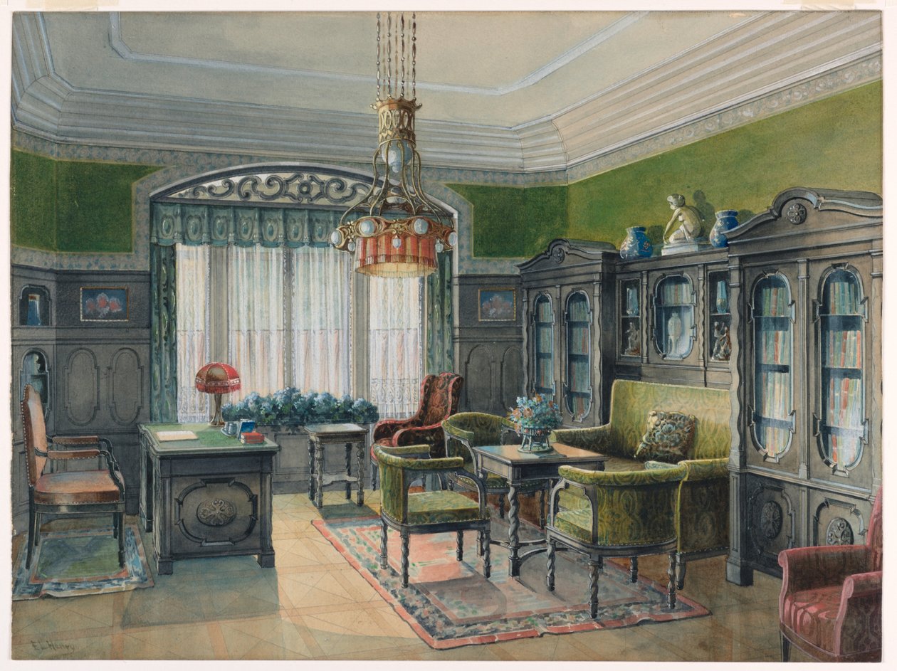 Dessin, intérieur de bibliothèque ou de bureau, vers 1915 - Edward Lamson Henry