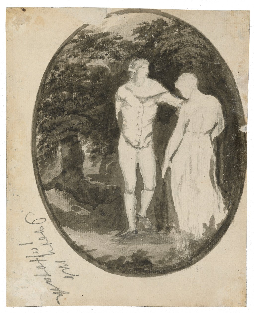 Un couple dans un paysage boisé en ovale (verso), c. 1838-1848 - Edward Lear
