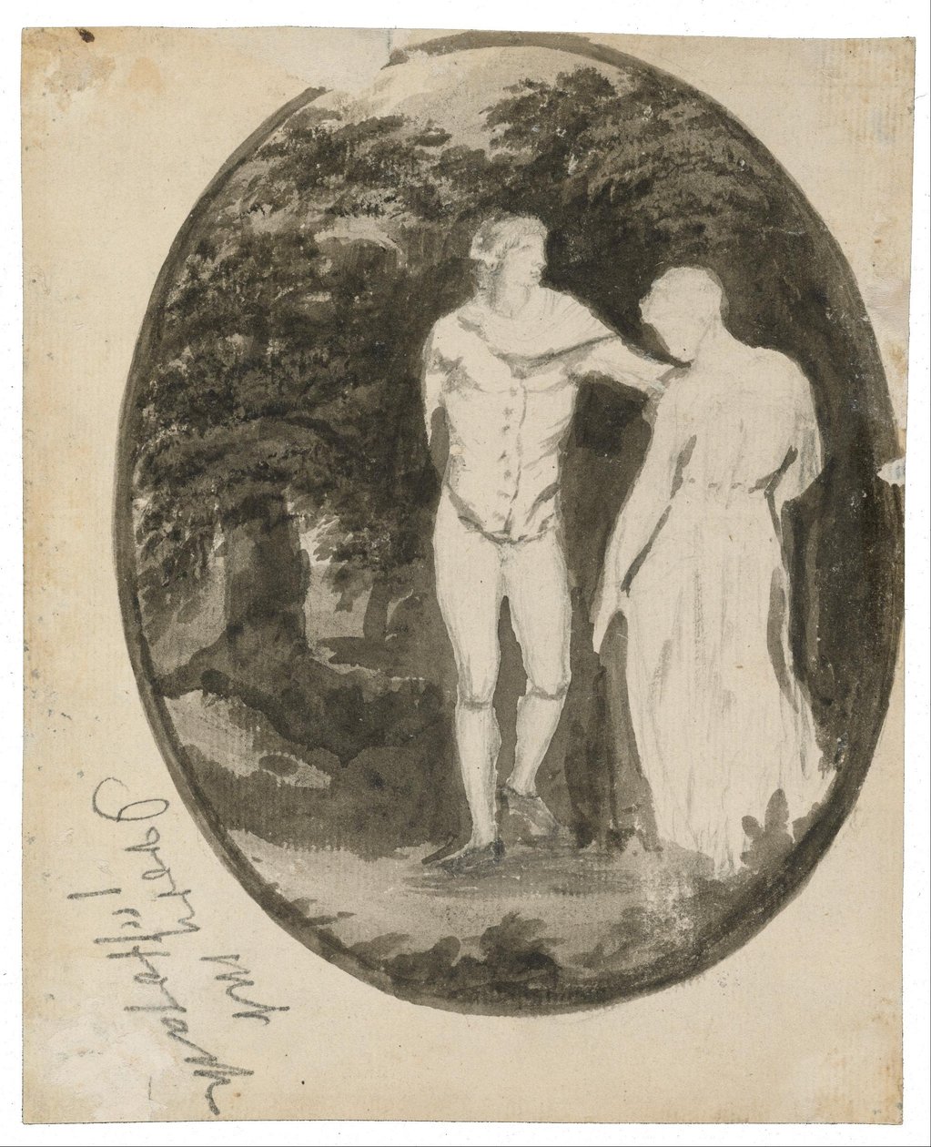 Couple dans un paysage boisé dans un cadre ovale - Edward Lear