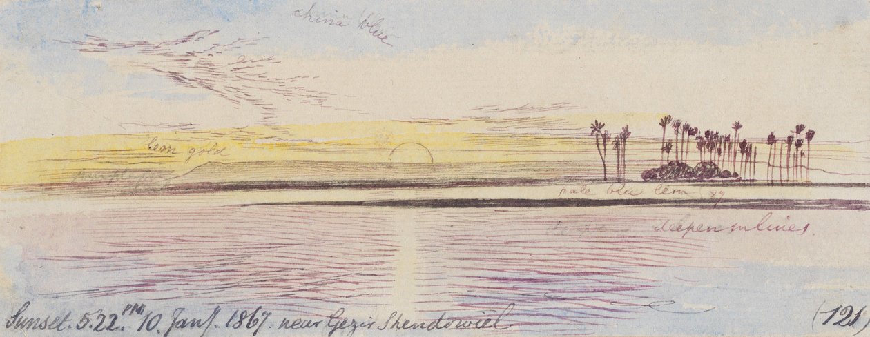 Près de Gezir Shendowiel ; coucher de soleil, 17 h 22, le 10 janvier 1867 (121) - Edward Lear