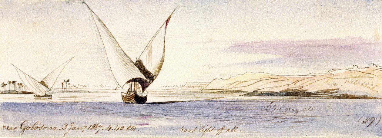 Vue du Nil près de Golosona, avec un bateau égyptien traditionnel naviguant - Edward Lear