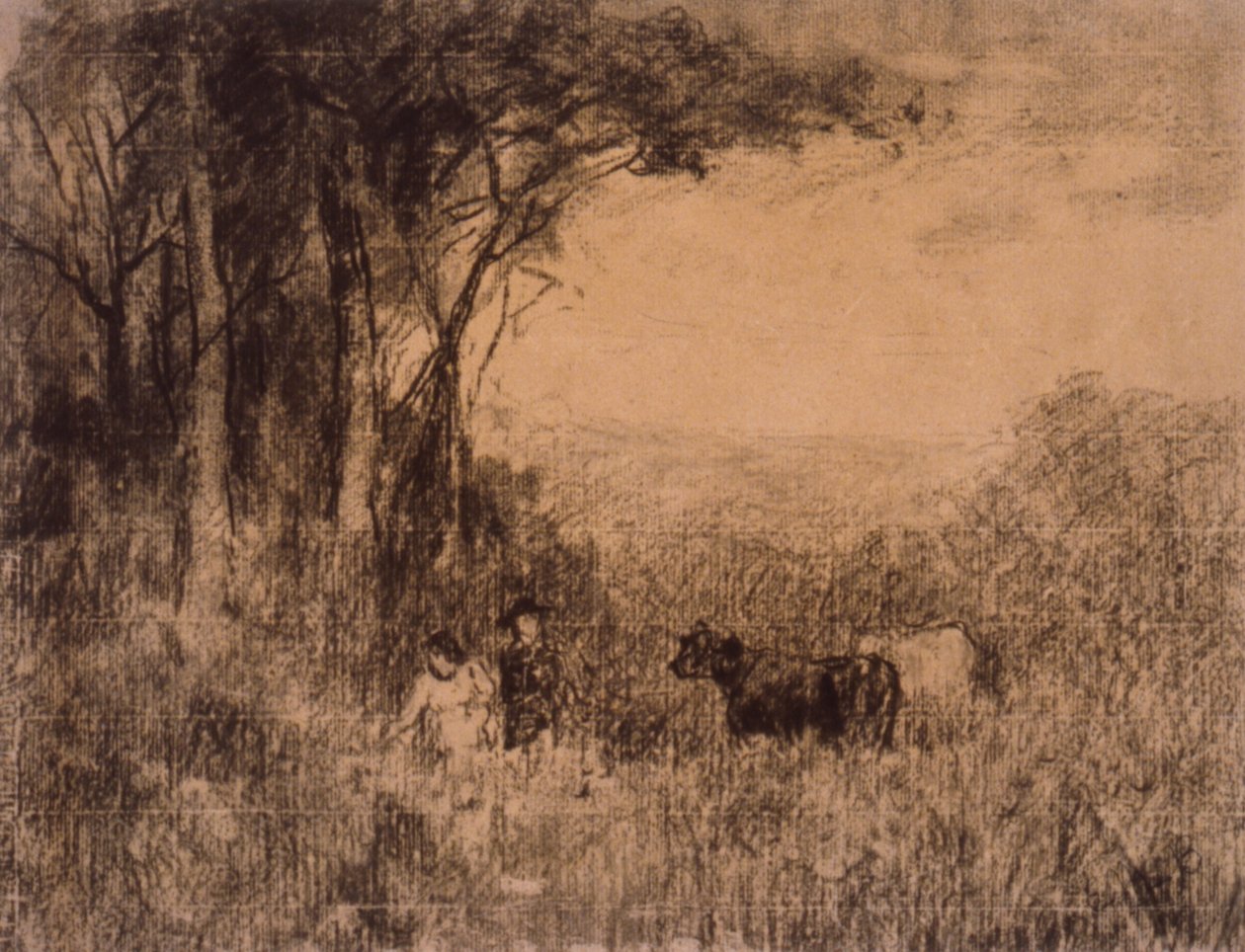 Paysage avec vaches et personnages se déplaçant dans le pâturage - Edward Mitchell Bannister
