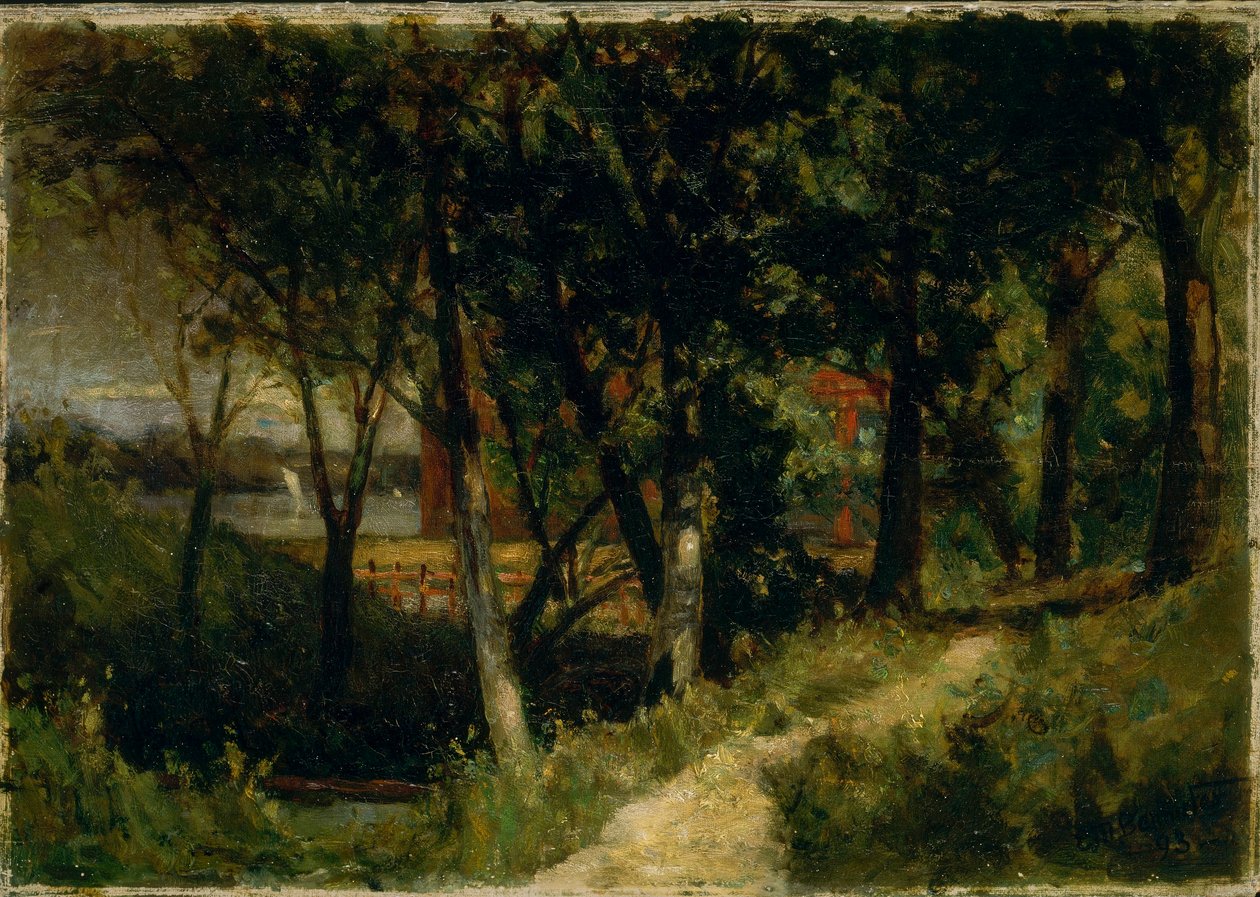 Sans titre (paysage, scène de forêt avec une clôture rouge et un bâtiment) - Edward Mitchell Bannister