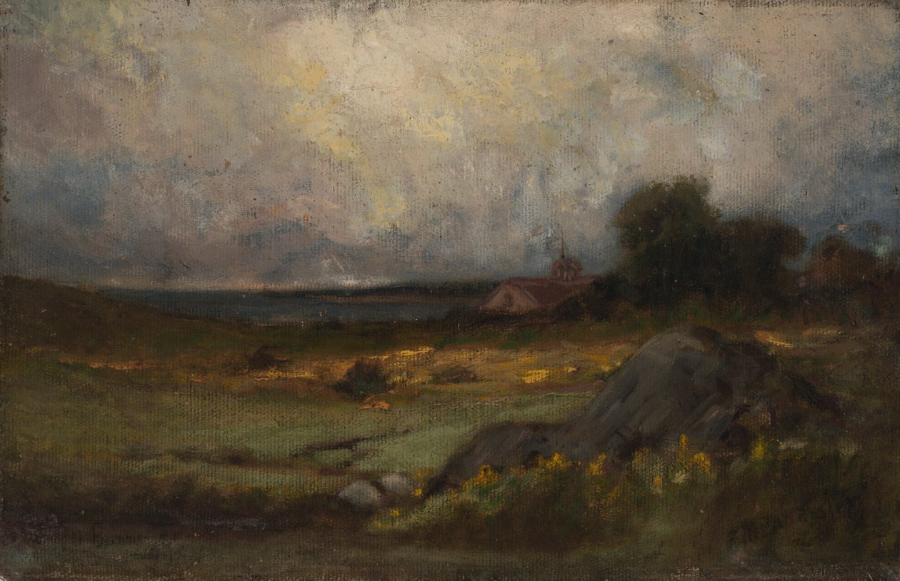 Paysage sans titre avec rocher au premier plan et toit avec clocher, lac en arrière-plan - Edward Mitchell Bannister