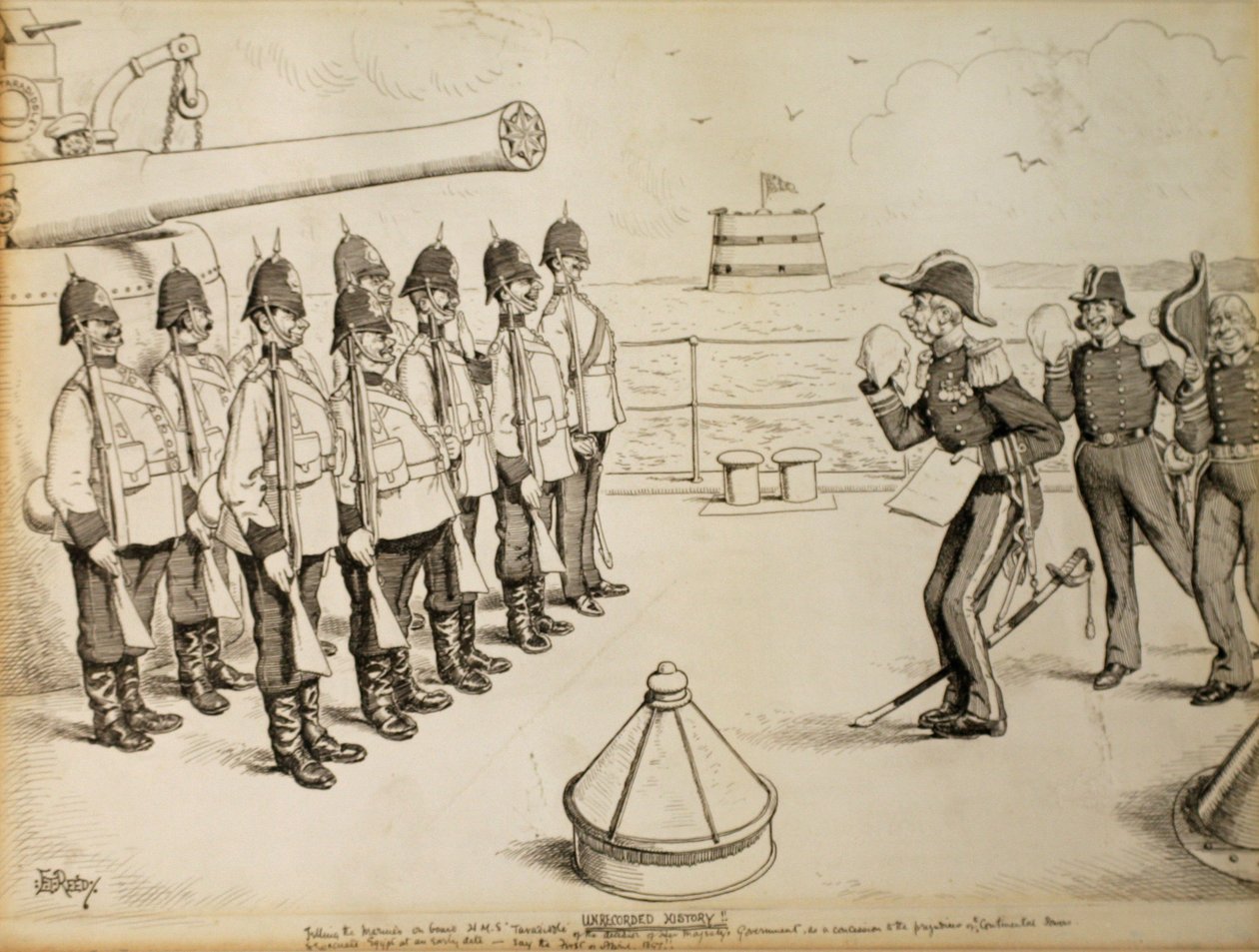 Histoire non enregistrée ! Raconter aux Marines à bord du HMS Taradiddle la détermination du gouvernement de Sa Majesté - comme concession au préjugé des puissances continentales - d