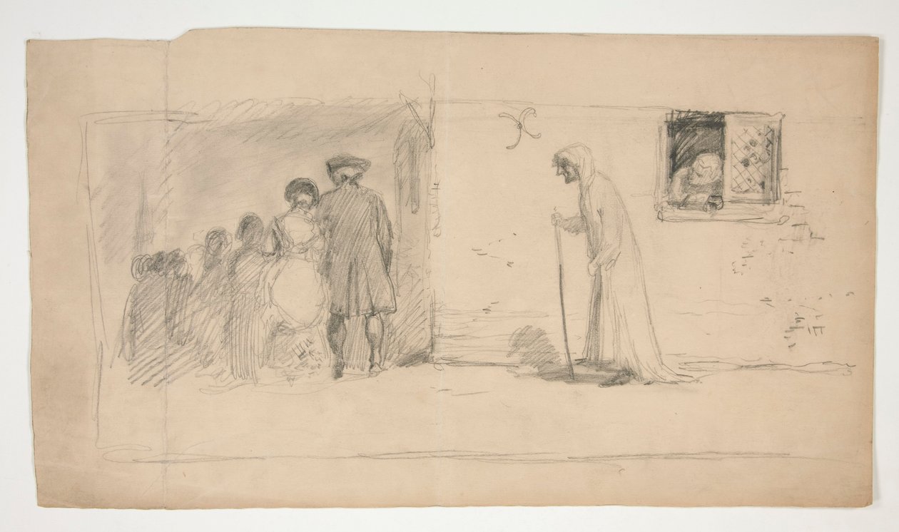 Groupe de figures devant une maison en pierre - illustration non identifiée - Edwin Austin Abbey